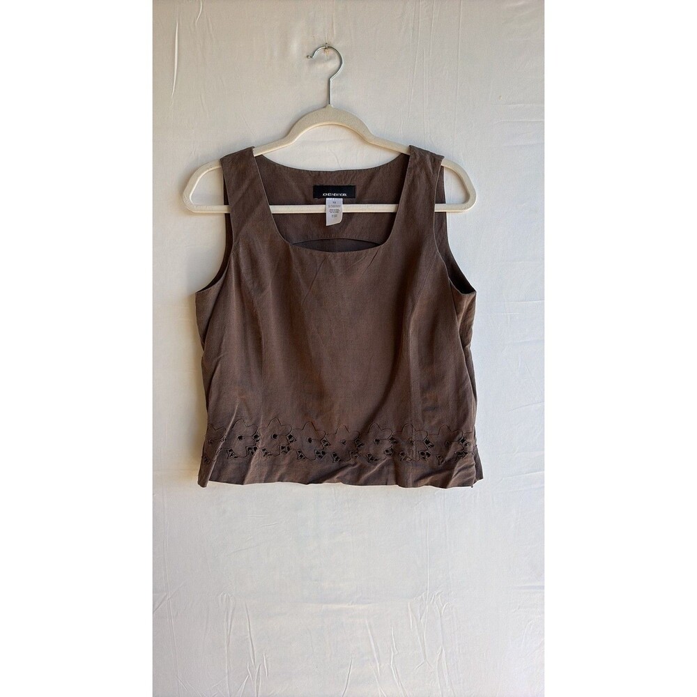 Jones New York Vintage Brown Silk Linen Blend Sleeveless Top with Floral...